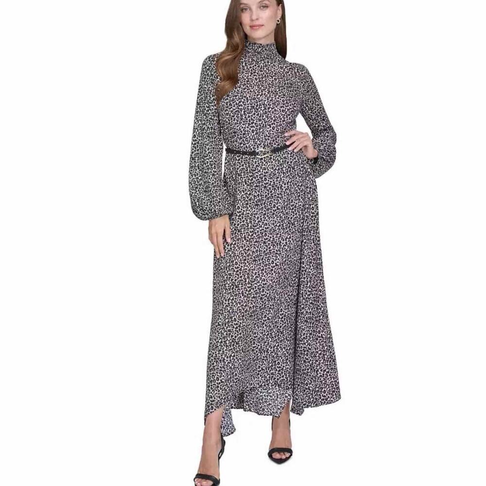 HALSTON Smock-Neck Long-Sleeve Belted Chiffon Dress Leopard Print Size 2